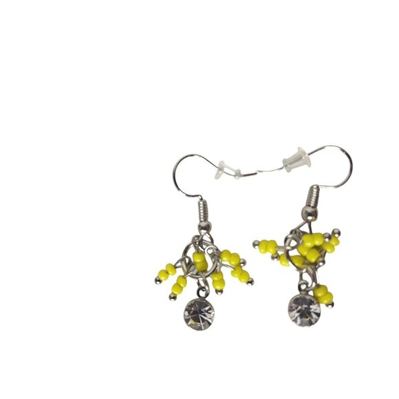 Handmade Boho Yellow Seed Bead Drop Earrings with Rhinestone Charm Jewelry - Picture 1 of 2
